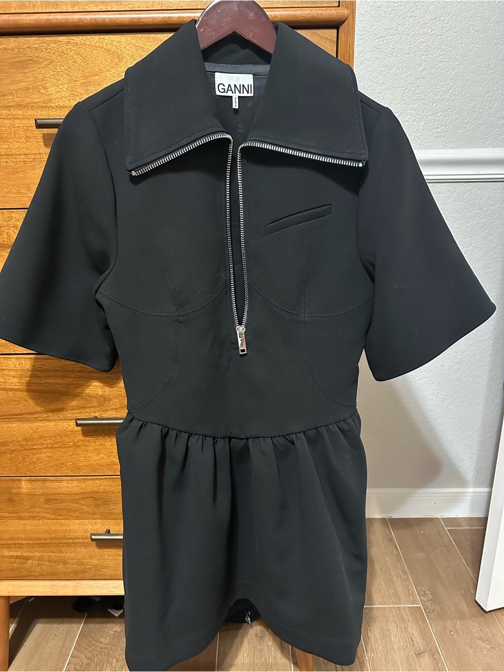 Ganni Black Short Sleeve Mini Dress with Zip Collar